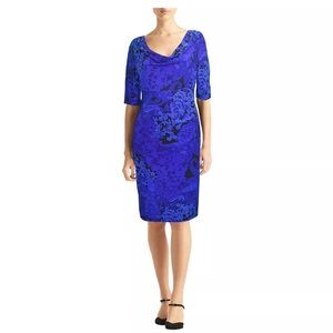 ❤️NWT Anne Klein Dress Stretch Cowl Neckline ¾ Sleeve Blue Paisley Lace Print 10
